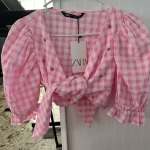 Zara Pink and White Puff Sleeve Crop Blouse